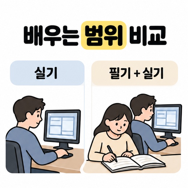 배우는 범위 비교 문구 아래에 컴퓨터 실기 수업과 필기 및 실기 수업의 구성을 나란히 보여주는 그림