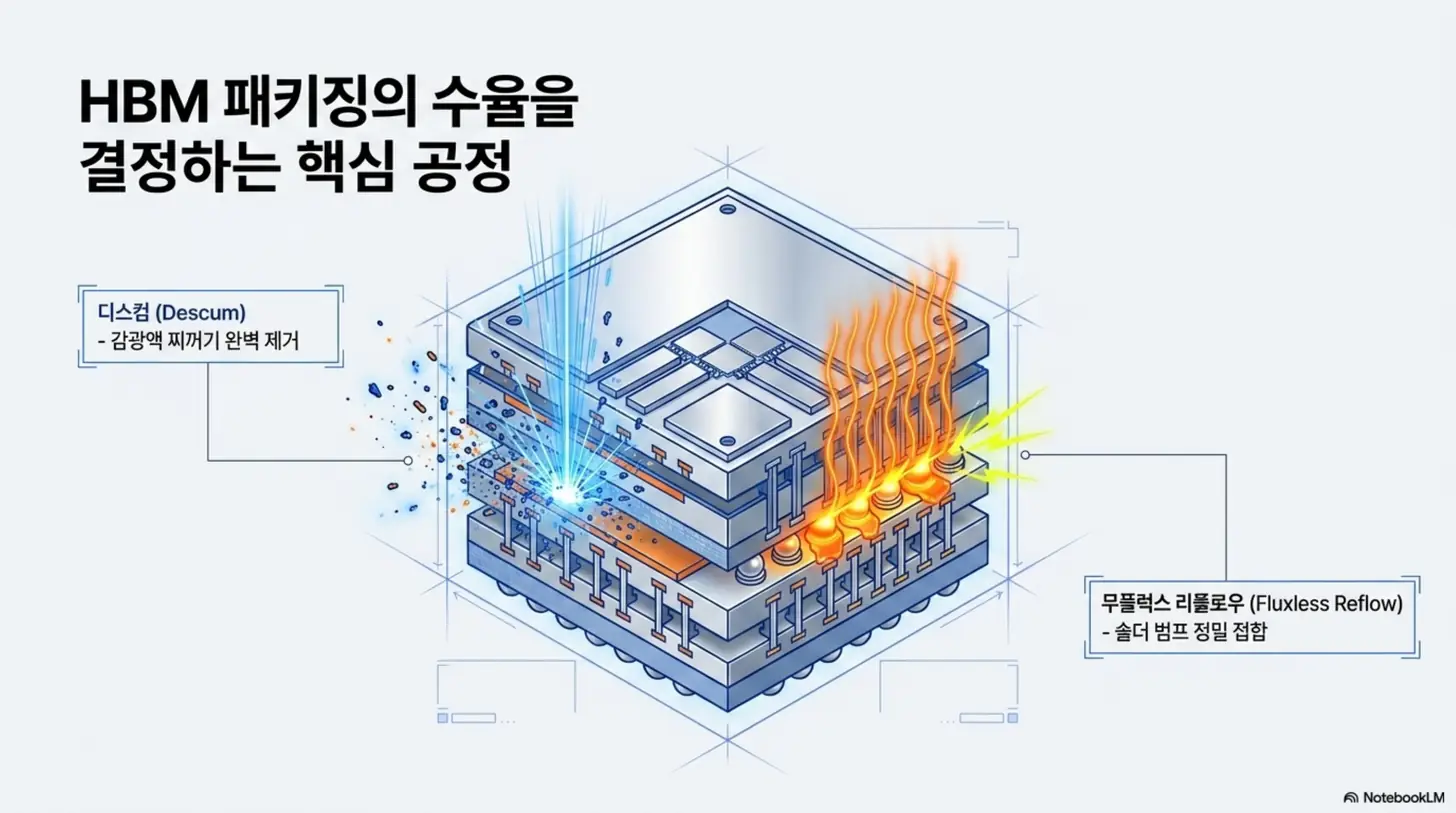 피에스케이홀딩스 주가 전망: 피에스케이홀딩스의 HBM 패키징 핵심 공정을 적층 반도체 단면으로 보여주는 웹배너 이미지. 감광액 찌꺼기를 완벽 제거하는 디스컴(Descum)과 솔더 범프를 정밀 접합하는 무플럭스 리플로우 장비가 표시돼 있음. 두 장비가 HBM 패키징 수율을 좌우하는 후공정 핵심임을 시각적으로 전달하며, 블로그의 HBM 후공정 장비 주제를 설명함