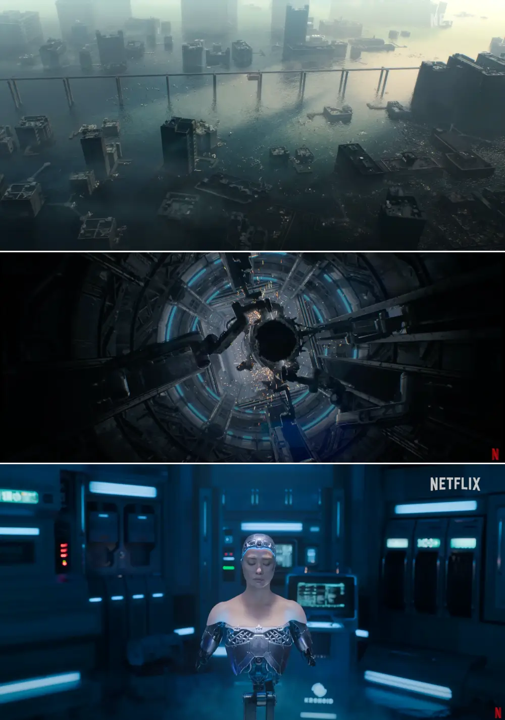 폐허가 된 지구와 로봇 정이의 모습