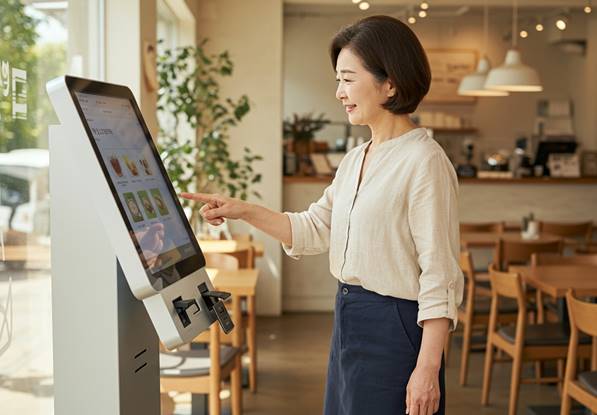 스마트 키오스크를 직접 테스트하며 셀프주문 시스템을 점검 중인 50대 외식업 사장님