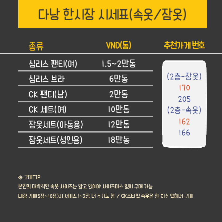 다낭 한시장 시세표 속옷 잠옷