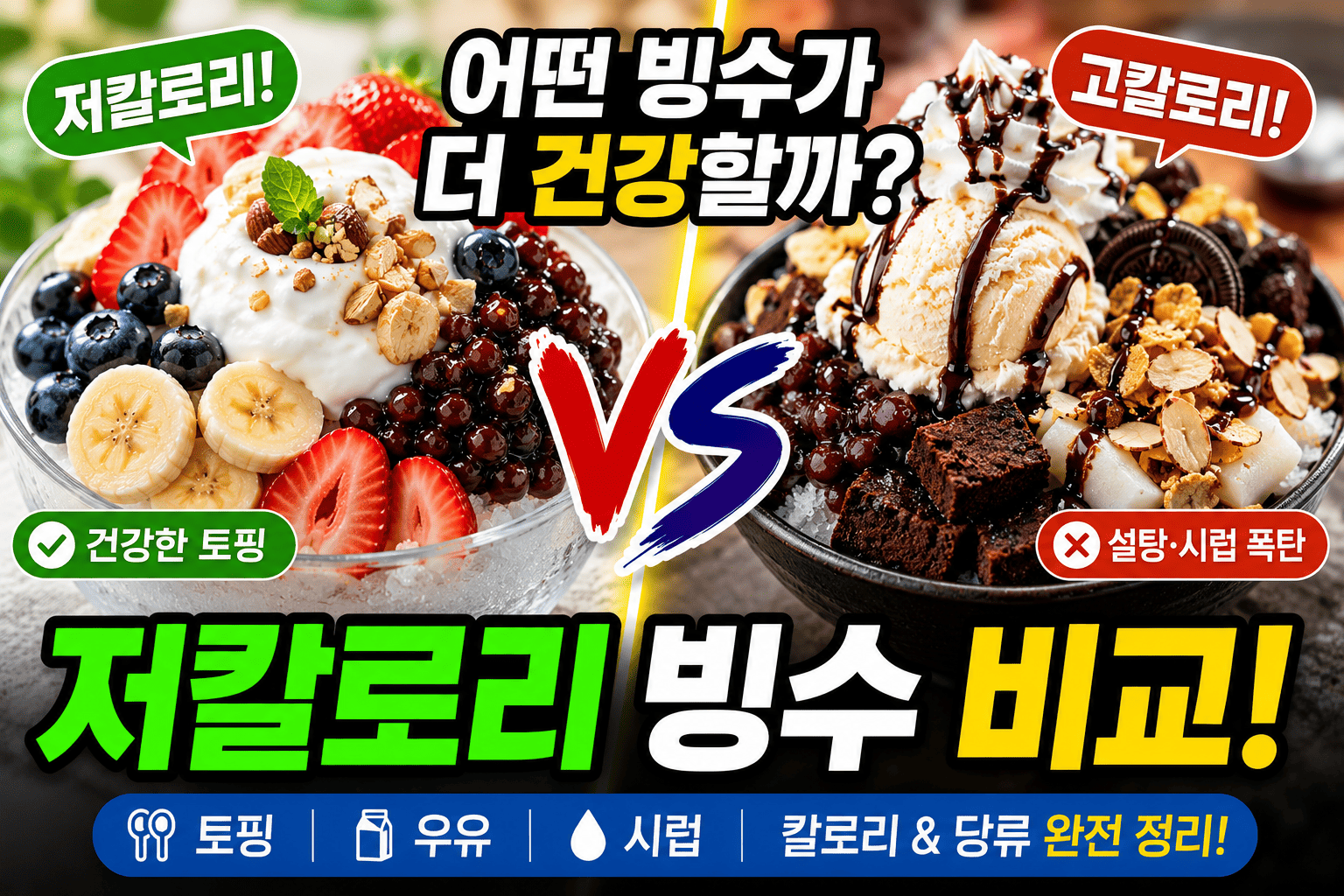 저칼로리 빙수 비교 (토핑, 우유, 시럽)