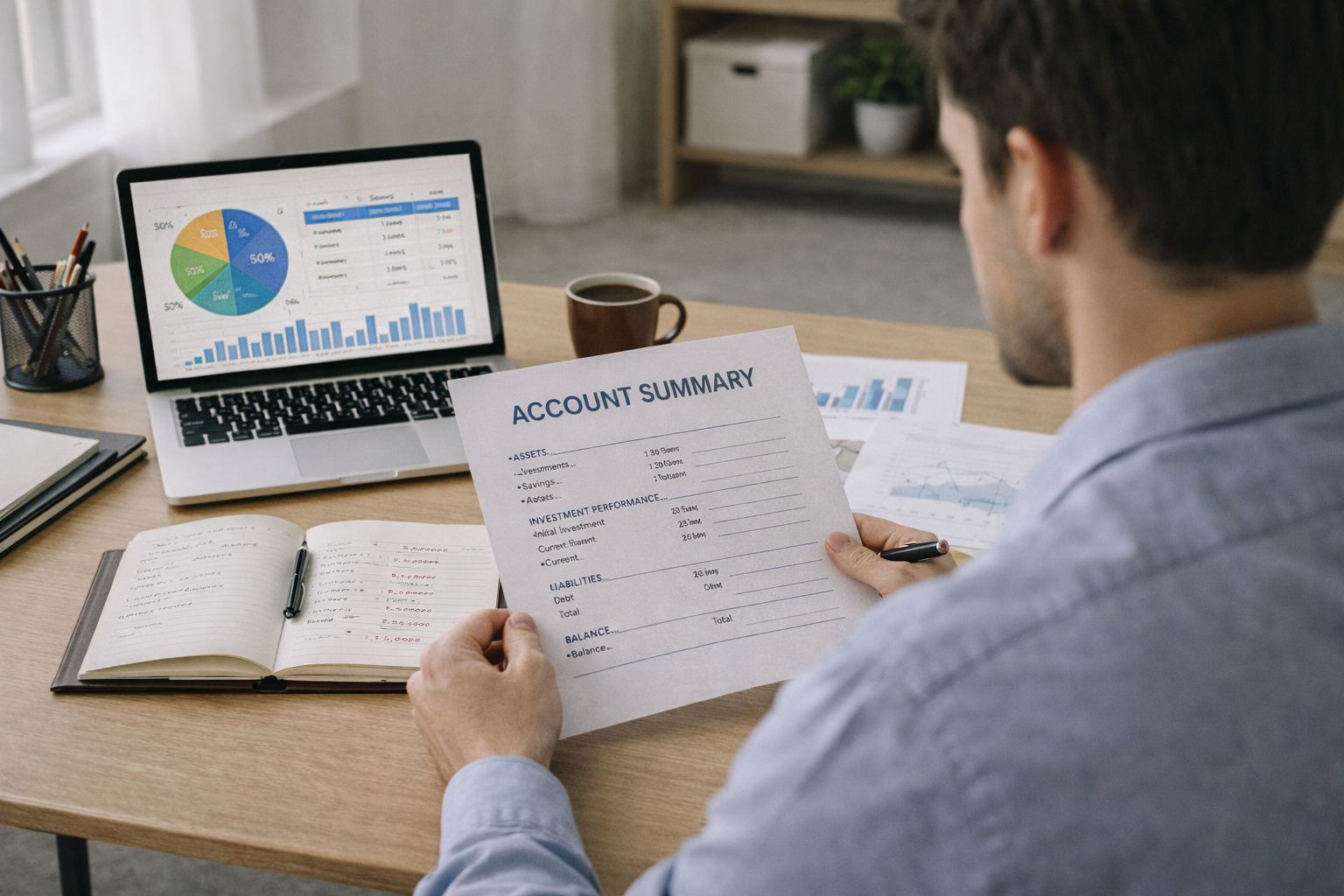 차분한 분위기에서 재정 상태를 다시 점검하는 사무실 장면