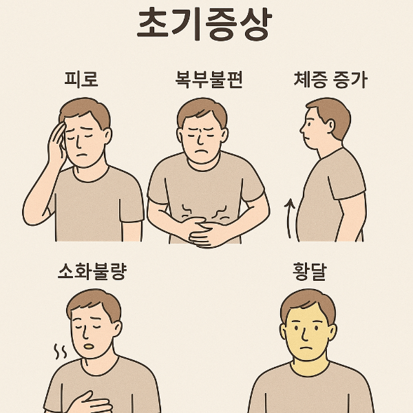 지방간의 초기증상에 대한 간단한 인포그래픽, 피로,복부불편,체중증가 소화불량 등