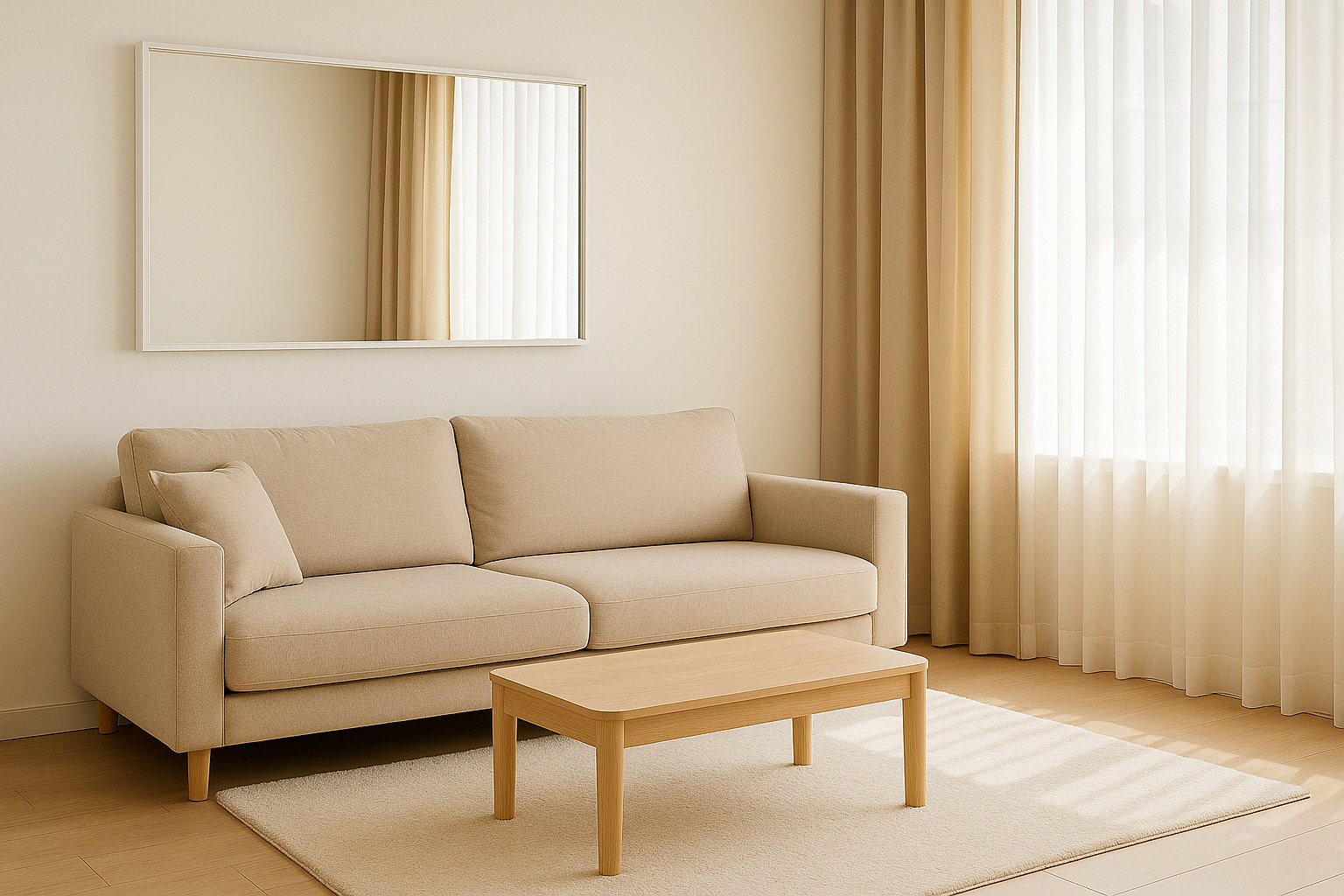 밝은 색상 가구와 거울이 배치되어 넓어 보이는 거실