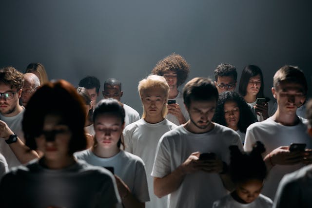 스마트폰에 몰두한 사람들 모습, 바쁘지만 멍한 일상과 좀비 모드 느낌