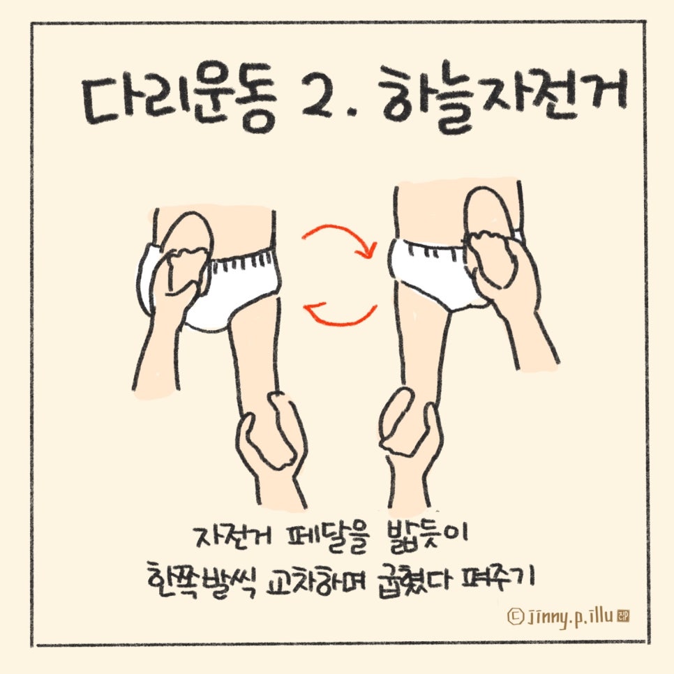 아기 방귀 배출을 돕는 하늘 자전거 다리 운동 및 꾹꾹이 자세