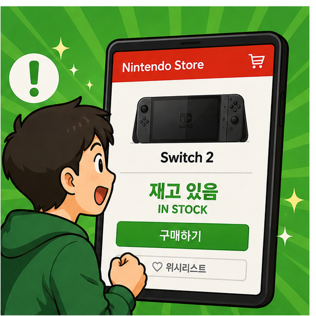 닌텐도 스위치2 공홈 재입고 알림과 직접 확인 순서를 비교하는 화면