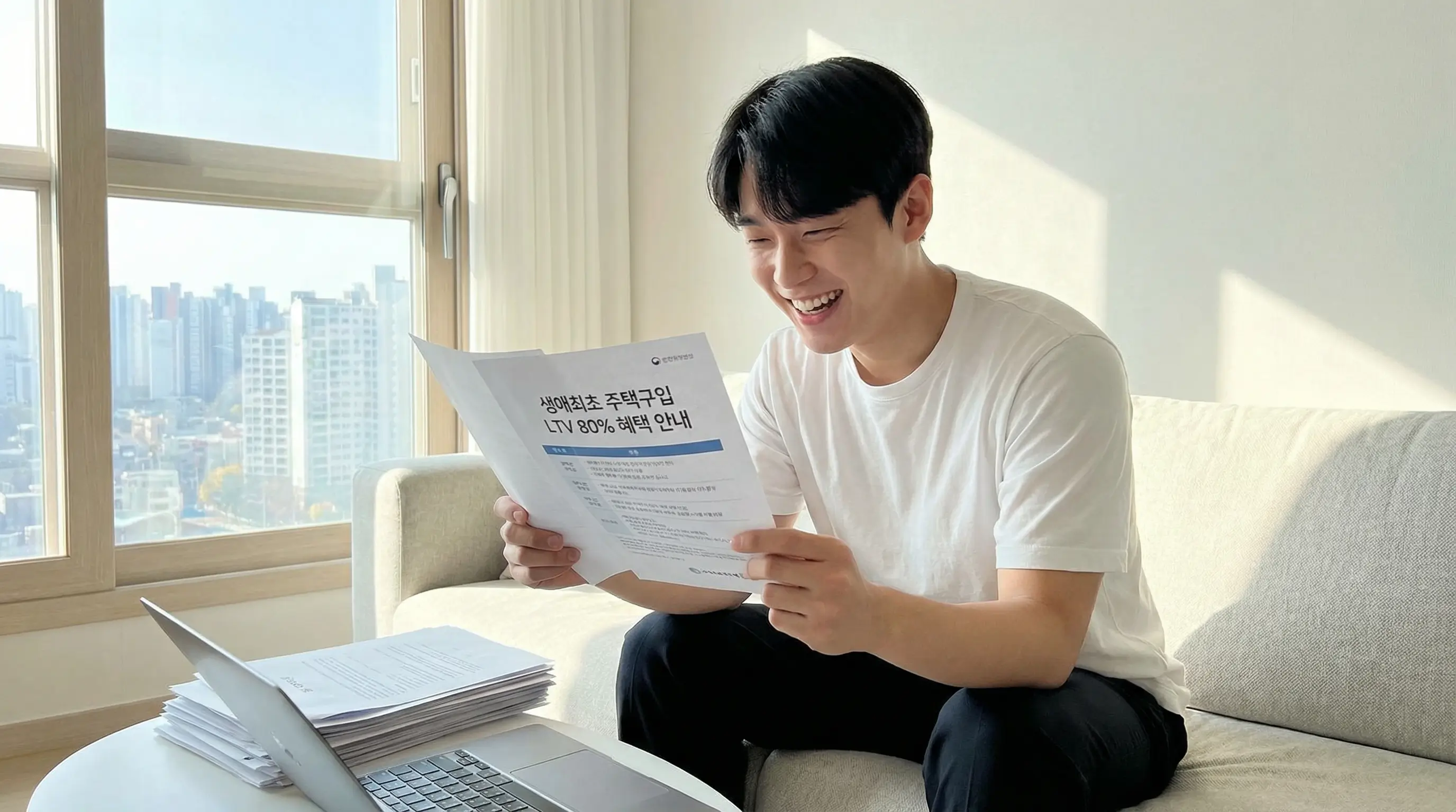 생애 최초 주택 구입을 앞두고 LTV 80% 혜택 서류를 확인하며 기뻐하는 젊은 매수자의 모습