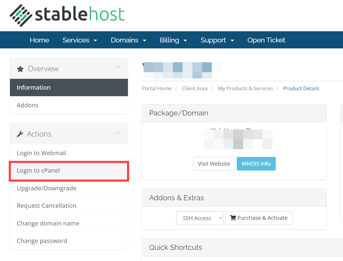 해외 호스팅 Stablehost에서 PHP 버전 및 PHP ini 설정값 조정하기 - cPanel 로그인