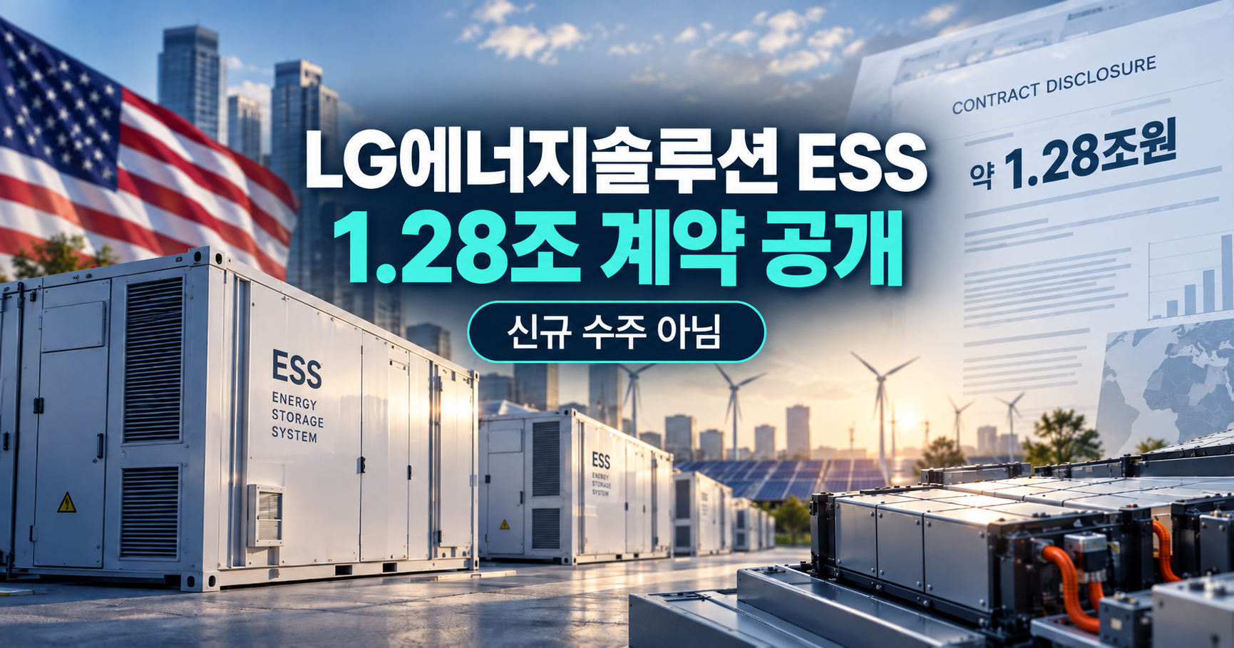 미국 ESS 배터리 시설과 계약 공개 화면을 배경으로 LG에너지솔루션 ESS 약 1.28조원 계약금액 공개와 신규 수주가 아님을 표현한 이미지