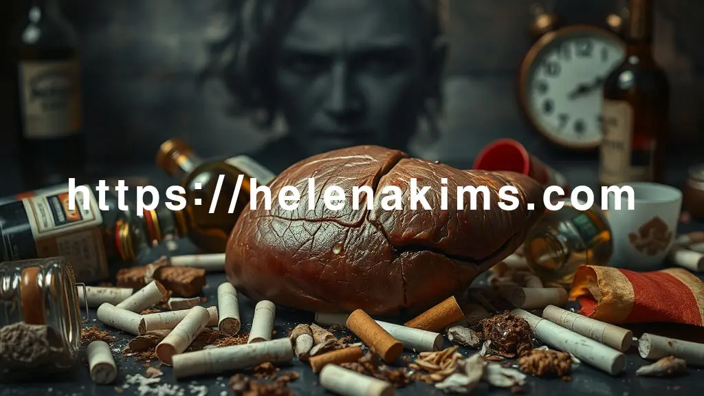 어둡고 경고적인 분위기 속, 중심에는 탁하고 지쳐 보이는 간, 그 주변을 과음한 술병과 담배꽁초, 기름진 패스트푸드 조각들이 어지럽게 흩어져 있는 이미지.