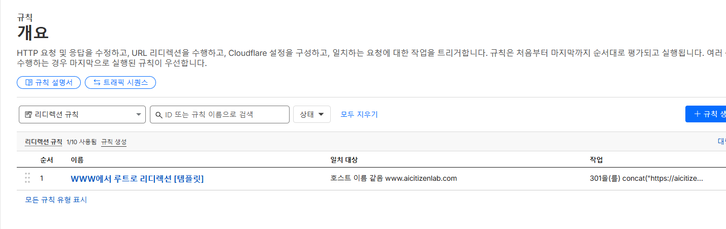 리디렉션 규칙 설정 완료.