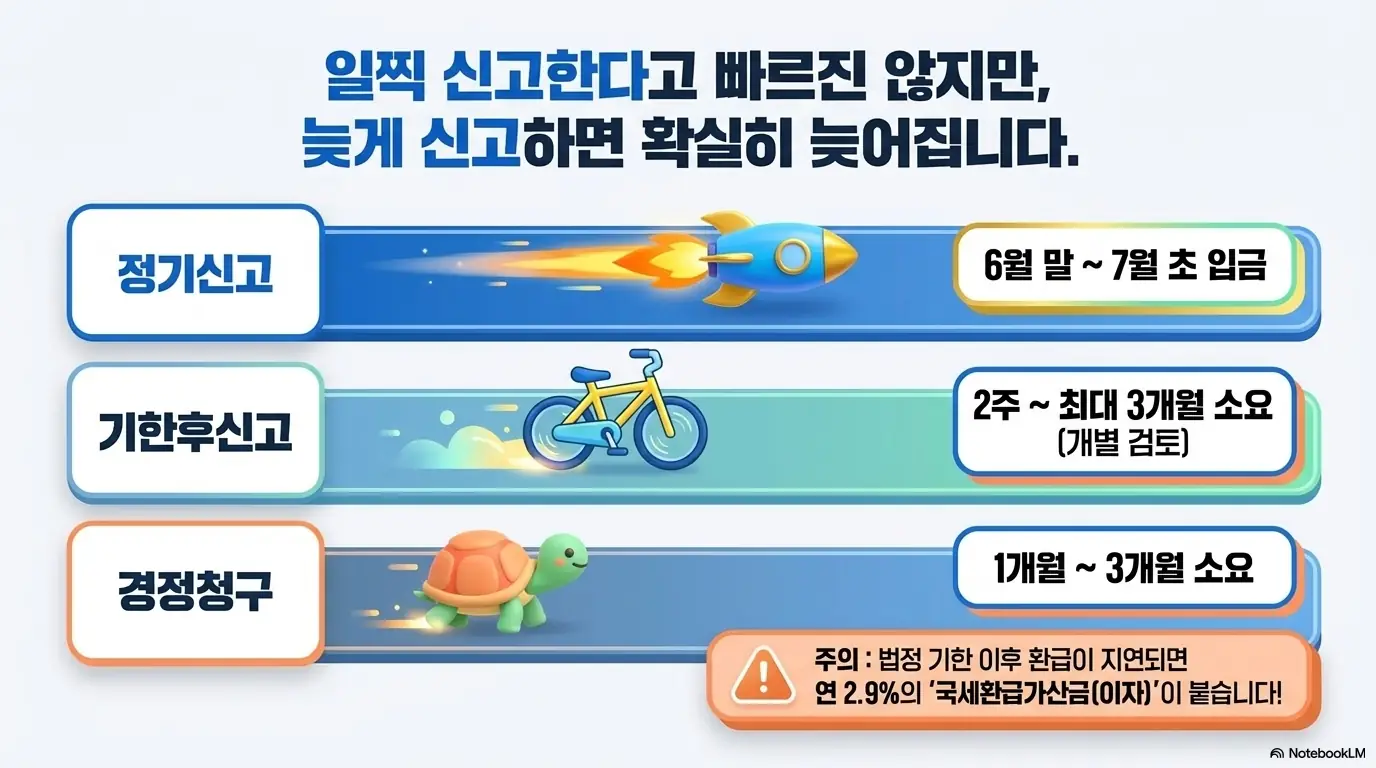 종합소득세 환급일: 정기신고(로켓&amp;#44; 6월 말~7월 초)&amp;#44; 기한후신고(자전거&amp;#44; 2주~3개월)&amp;#44; 경정청구(거북이&amp;#44; 1~3개월)의 환급 소요 기간을 속도 비유로 비교하는 인포그래픽 이미지. 이 이미지는 신고 유형별 종합소득세 환급 입금 시기 차이를 시각적으로 전달하며&amp;#44; 블로그의 종합소득세 환급일 비교와 관련된 내용을 설명함 