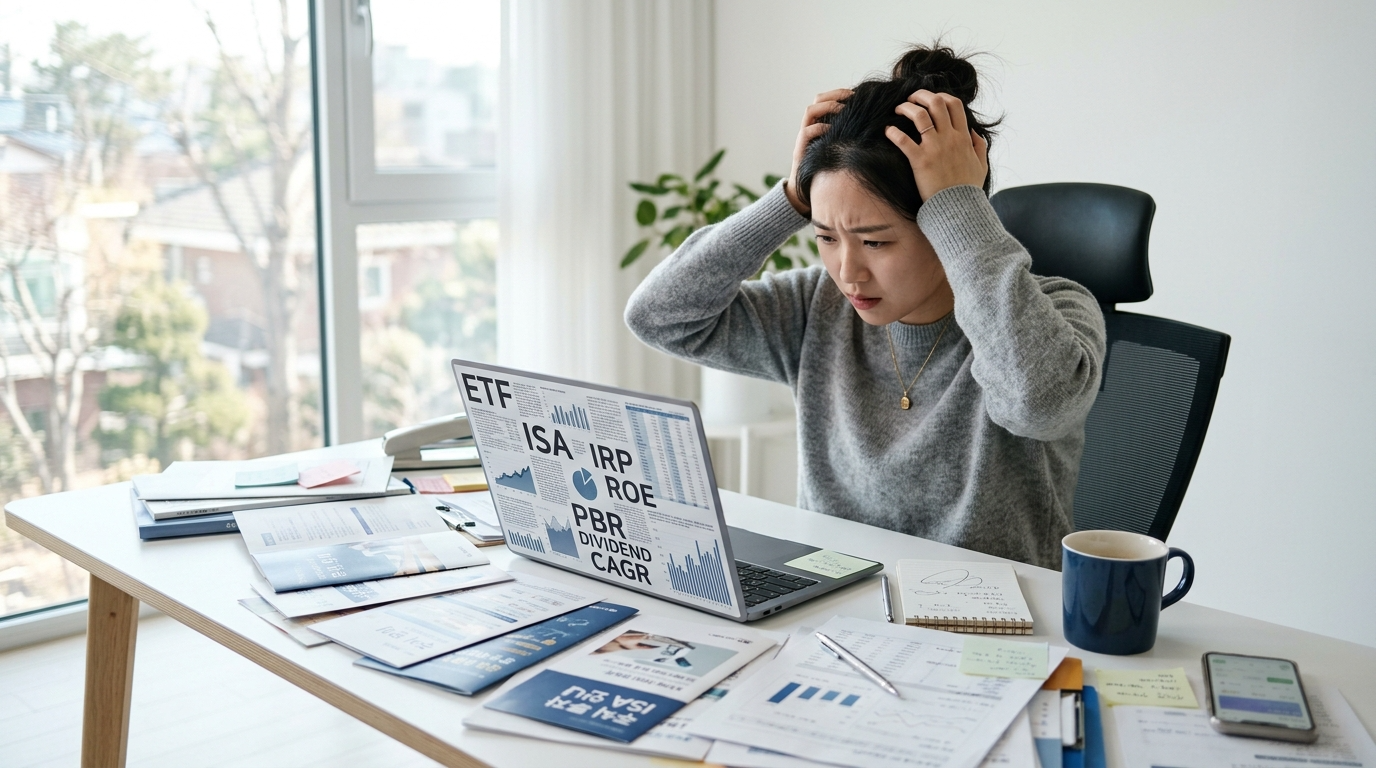 금융약어들을 보며 혼란스러워 하는 여성