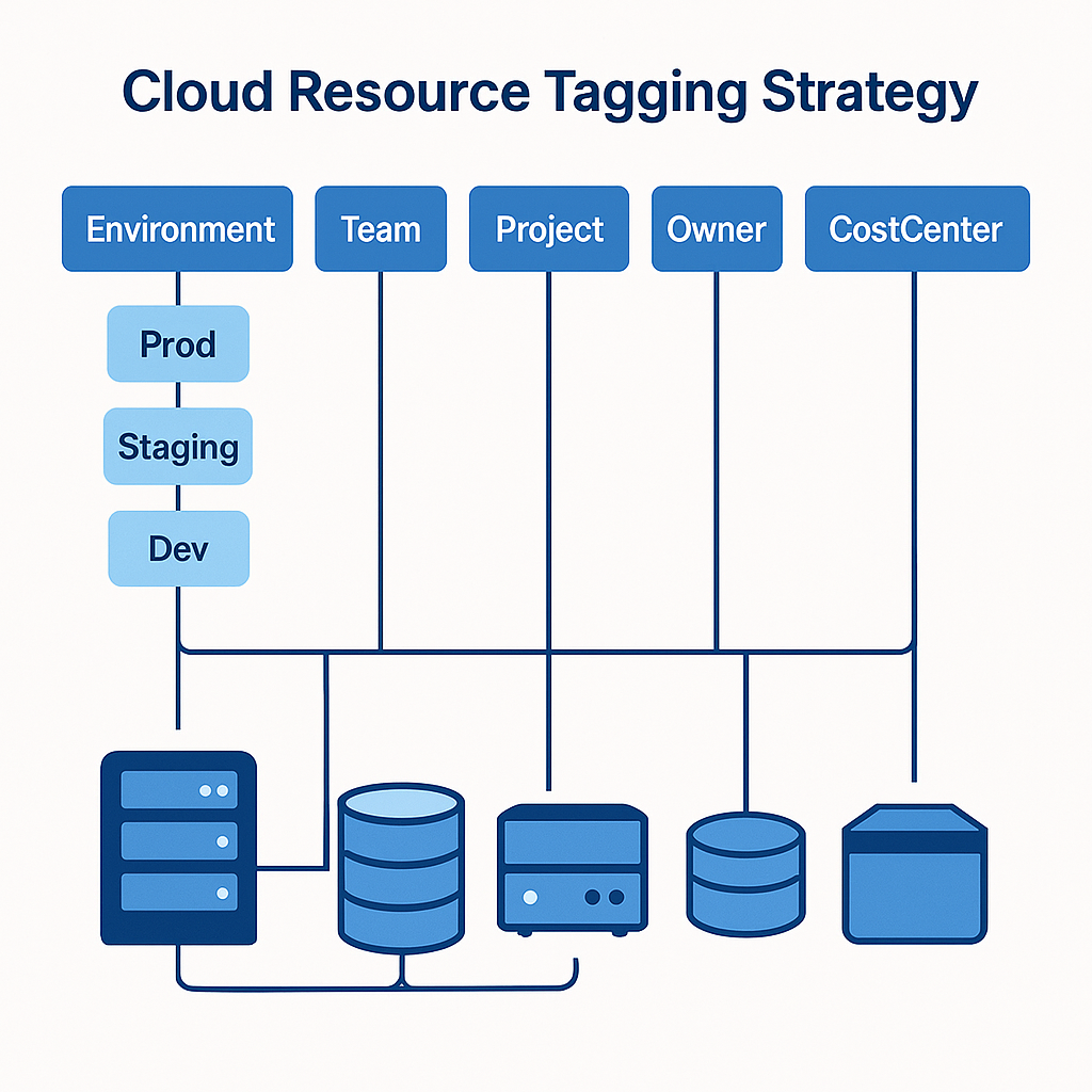클라우드 리소스 태깅 전략 다이어그램 - 환경, 팀, 프로젝트별 태그 구조와 비용 관리 체계