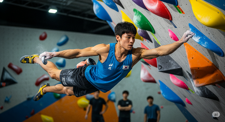 클라이밍 선수가 볼더링 문제를 풀고 있는 역동적인 모습