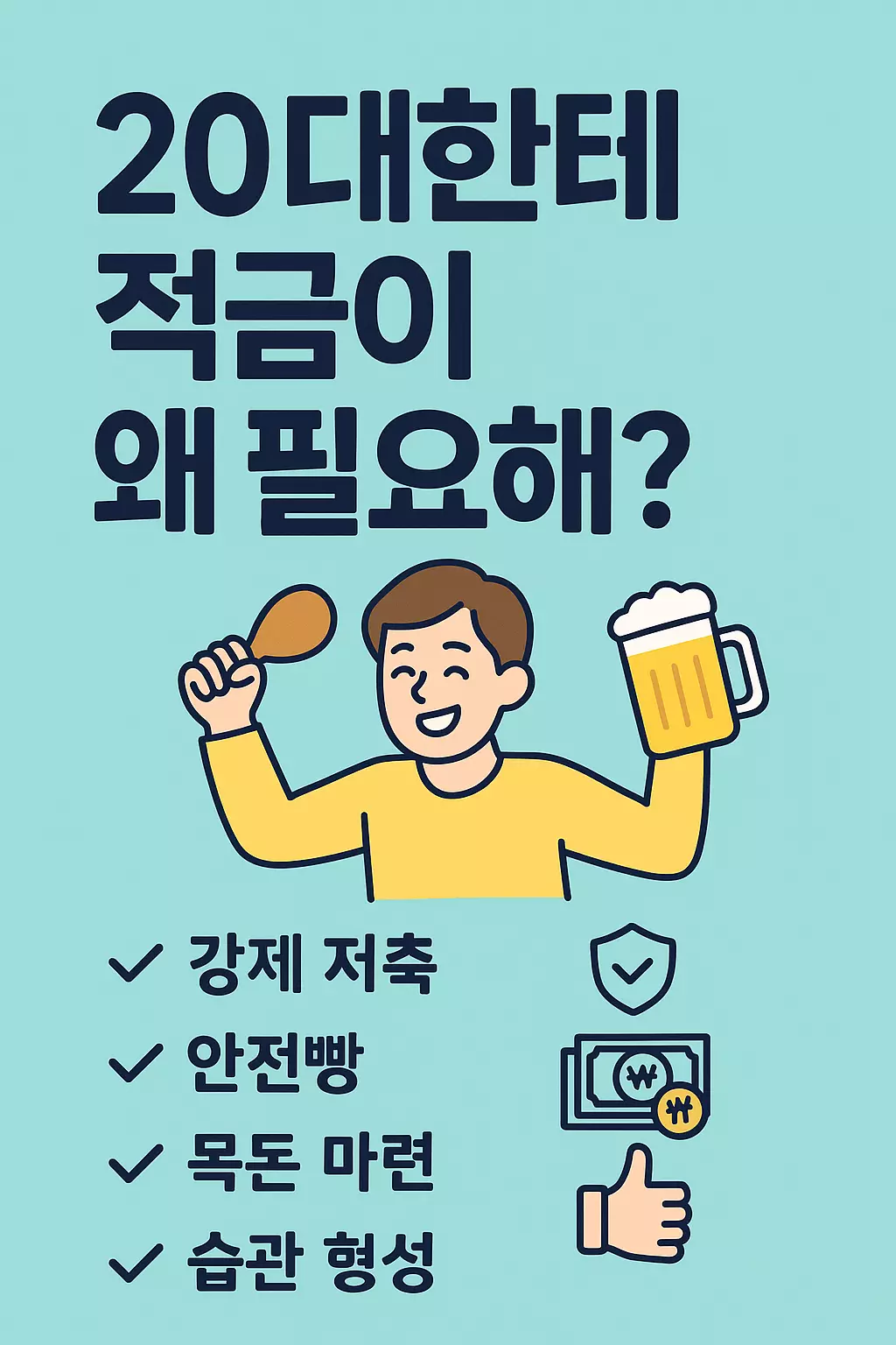 20대 직장인에게 적금이 필요한 이유를 강조한 일러스트 - 강제 저축, 안전한 금융 습관, 목돈 마련 등 장점 소개