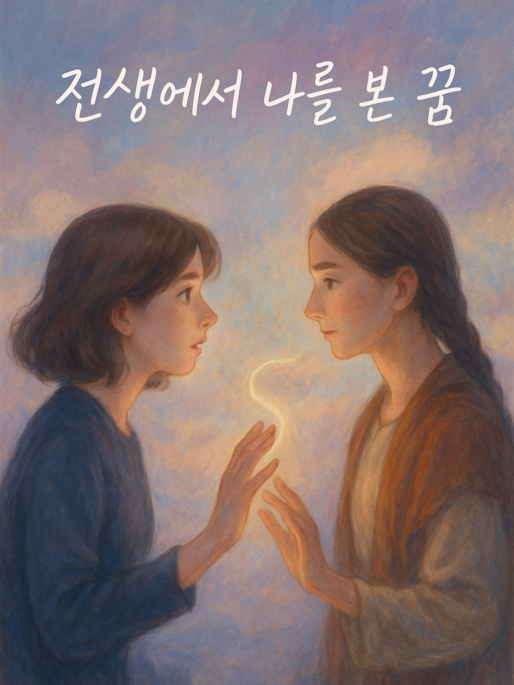 파스텔톤의 몽환적인 일러스트로, 현대적인 옷차림의 여성과 한복을 입은 전생의 인물이 서로를 마주보며 손끝이 닿을 듯한 장면을 담았다.