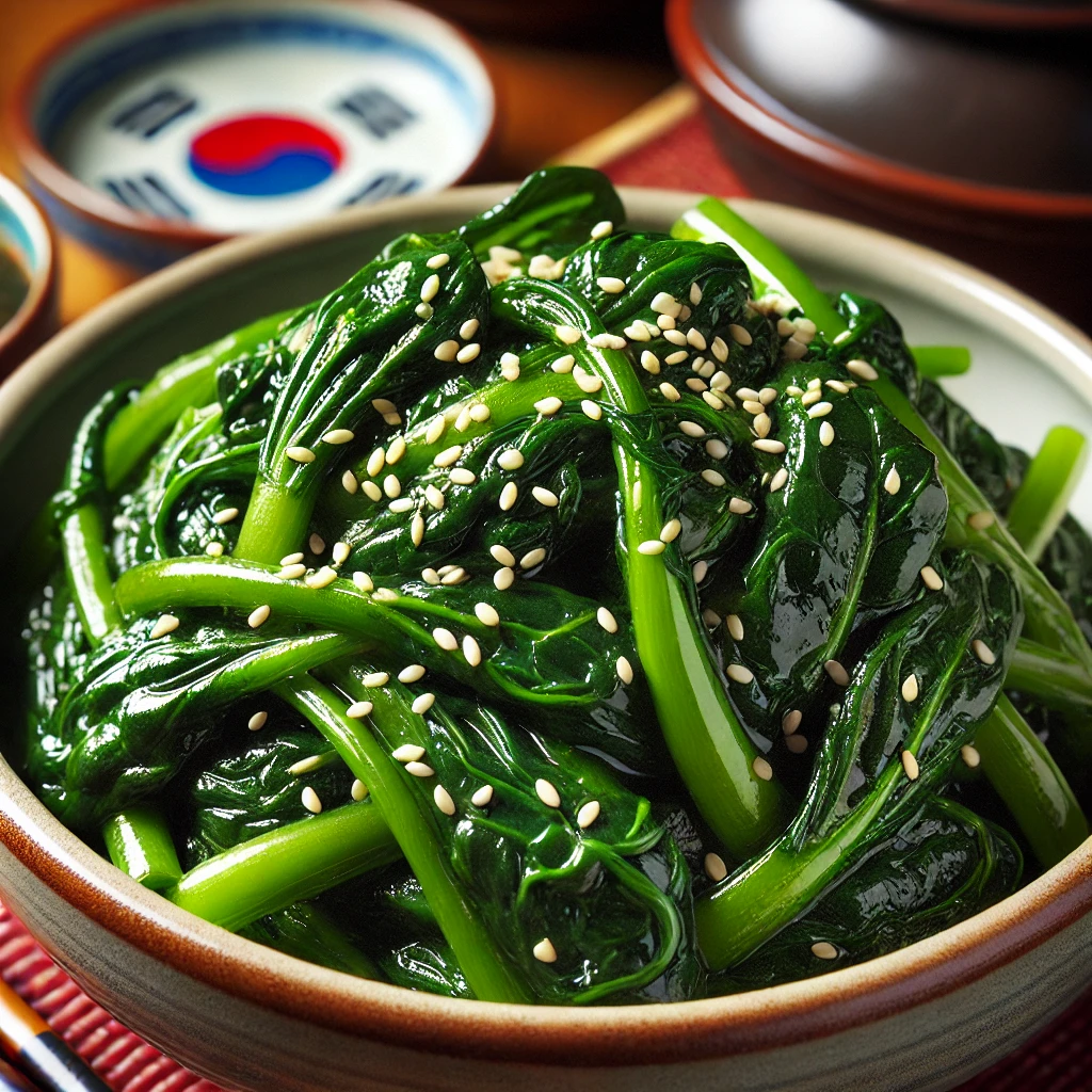 가볍게 살짝 데친 시금치에 각종 양념을 넣고 무친 시금치나물