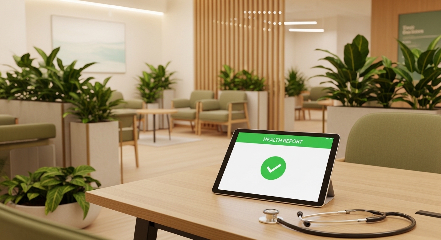 table 위에 pad 가있고 health report 가 나와있다. 그리고 청진기가 보인다