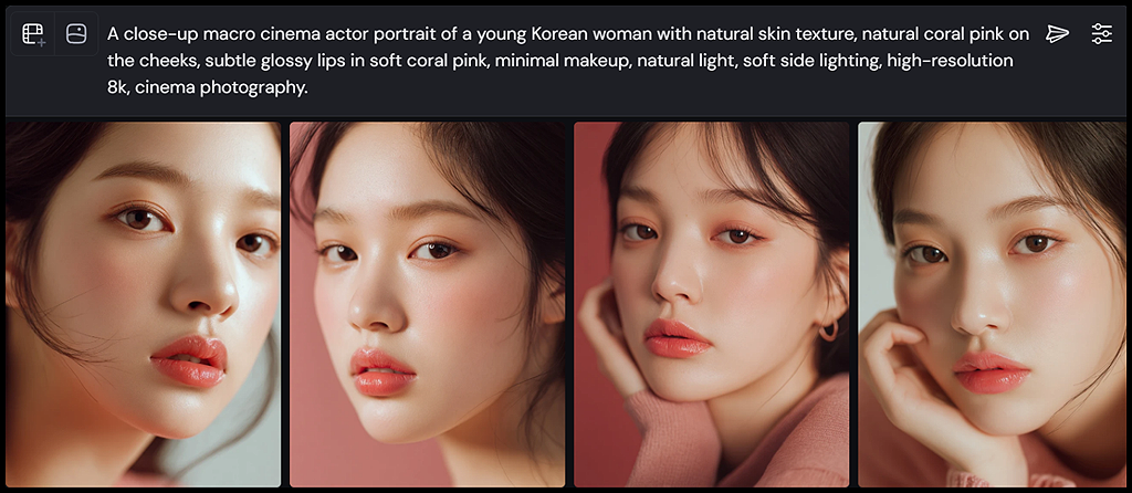 soft side lighting이 적용된 시네마틱 뷰티 클로즈업 이미지 생성 결과_Midjourney