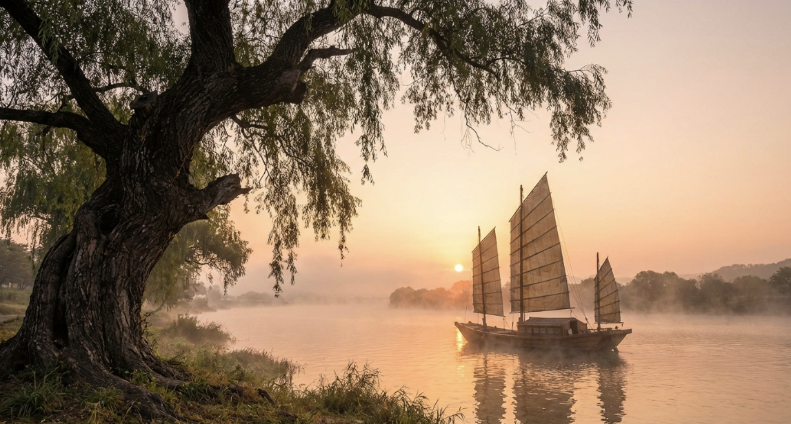 물안개가 피어오르는 두물머리 강 위로 신비롭게 떠오르는 일출, 황포돛배와 느티나무가 어우러진 풍경