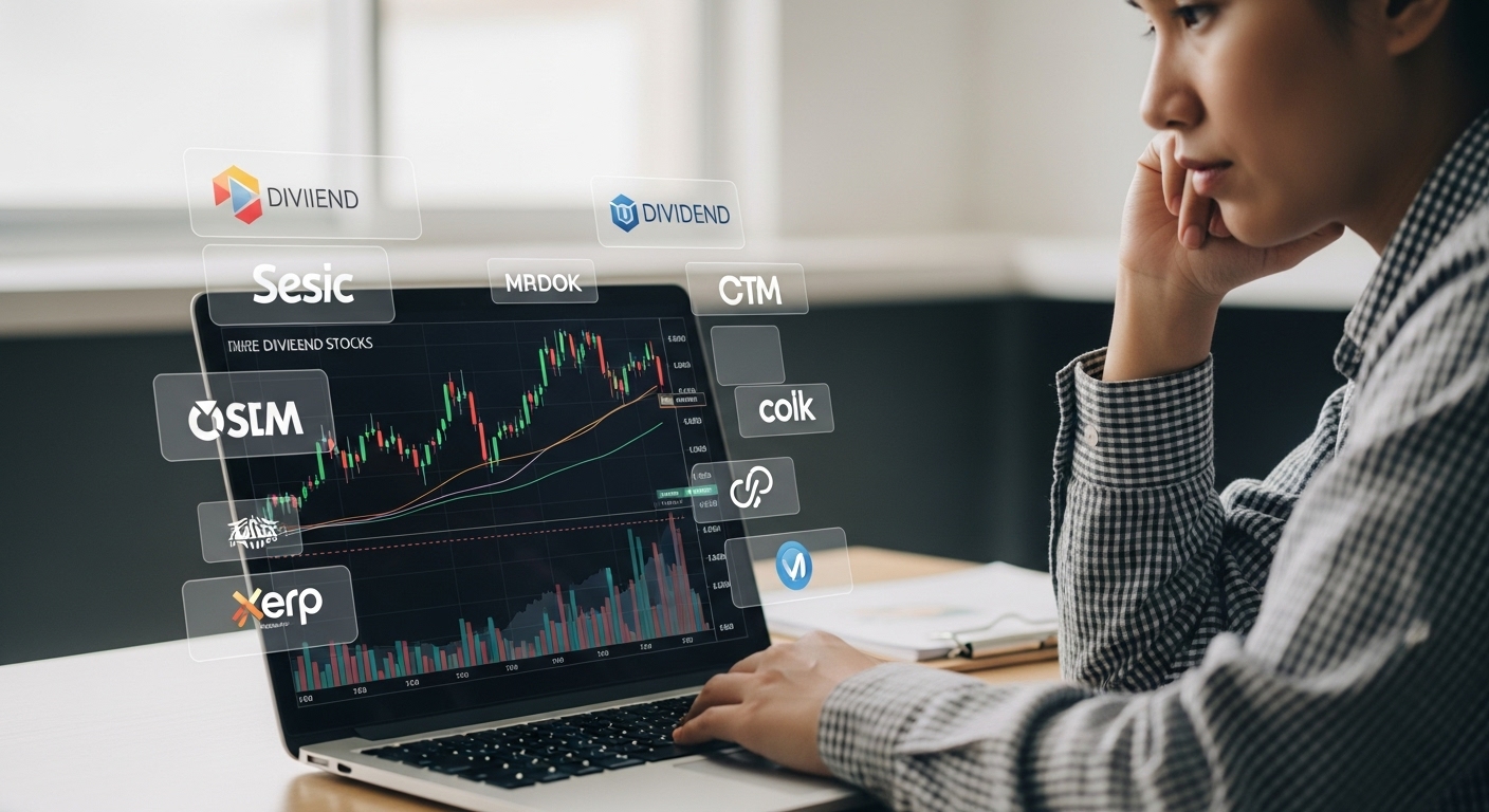노트북으로 배당주 투자 정보를 분석하고 있는 사람의 모습, 현명한 투자 결정을 위한 리서치 과정을 나타냅니다.