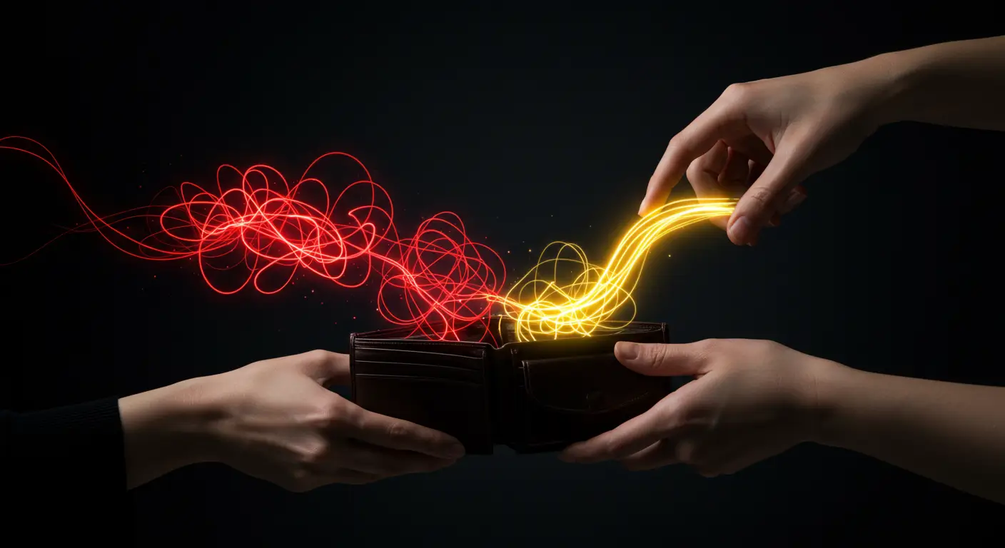 흩어져 있던 여러 빚이 저축은행 대환대출로 하나로 합쳐지는 것을 상징하는 이미지