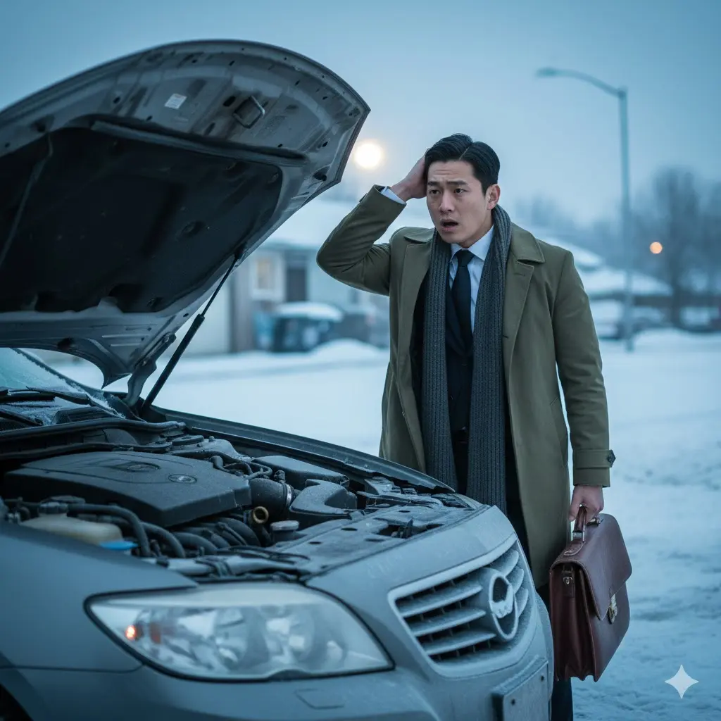'추운 겨울 아침, 시동이 안 걸려 당황하는 운전자 이미지'
