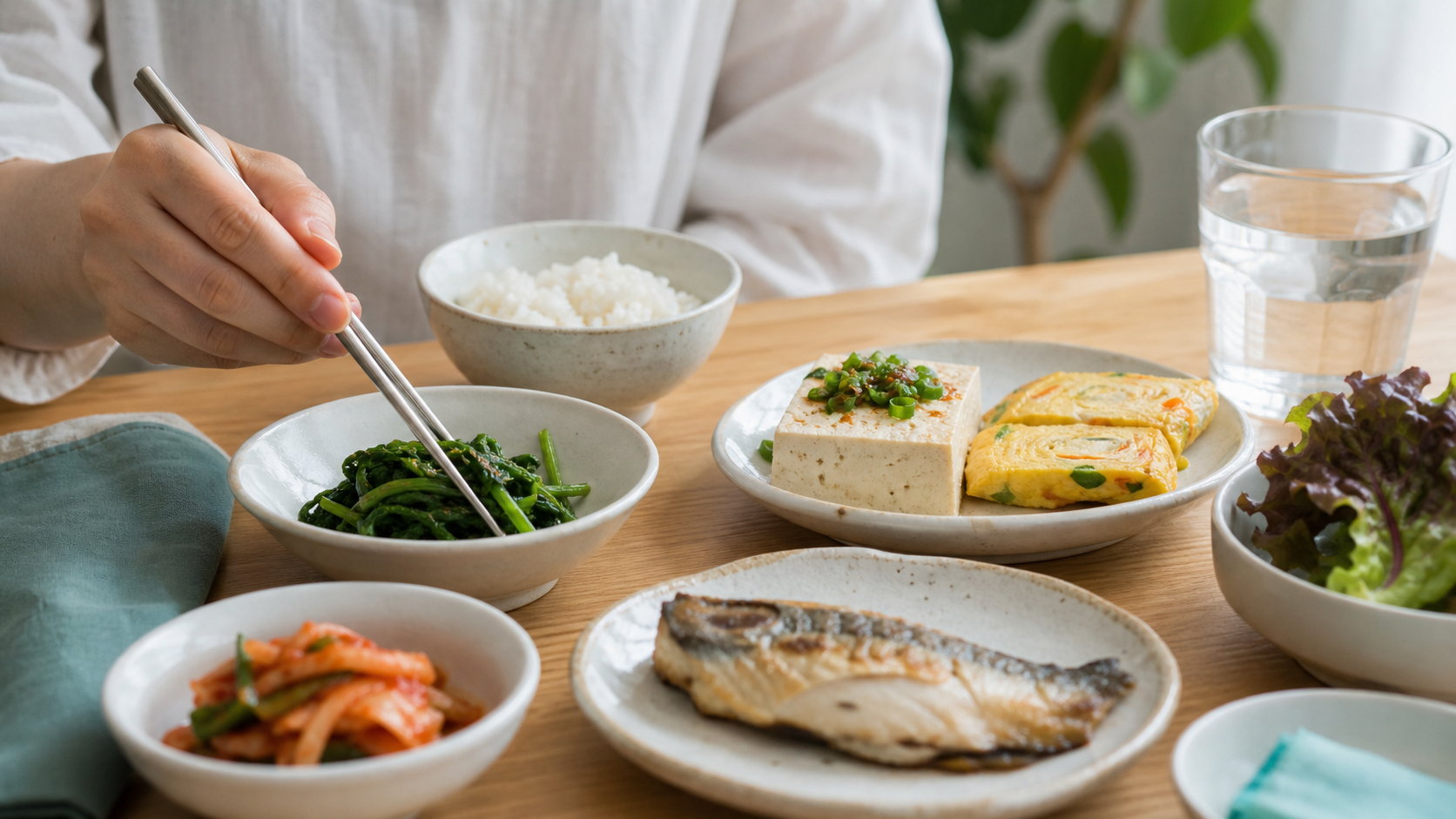 식후 혈당 관리 식사 순서에 맞춰 채소와 단백질 반찬을 먼저 먹는 식탁