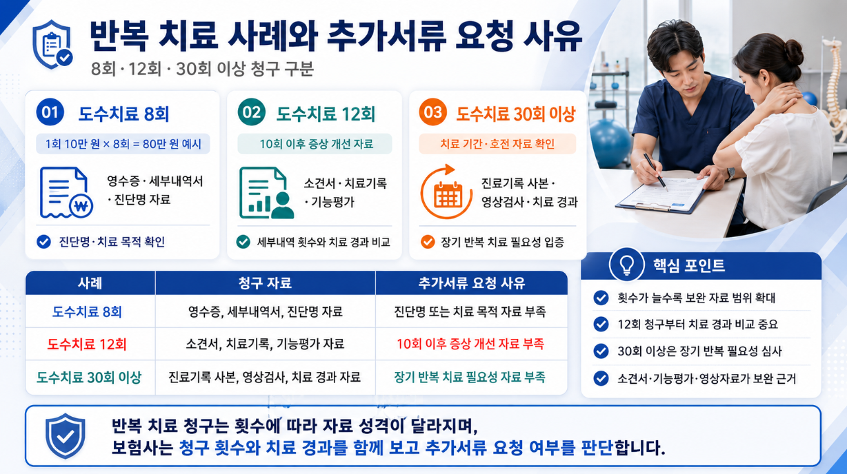 도수치료 8회, 12회, 30회 이상 반복 치료 사례별 청구 자료와 추가서류 요청 사유를 비교한 인포그래픽