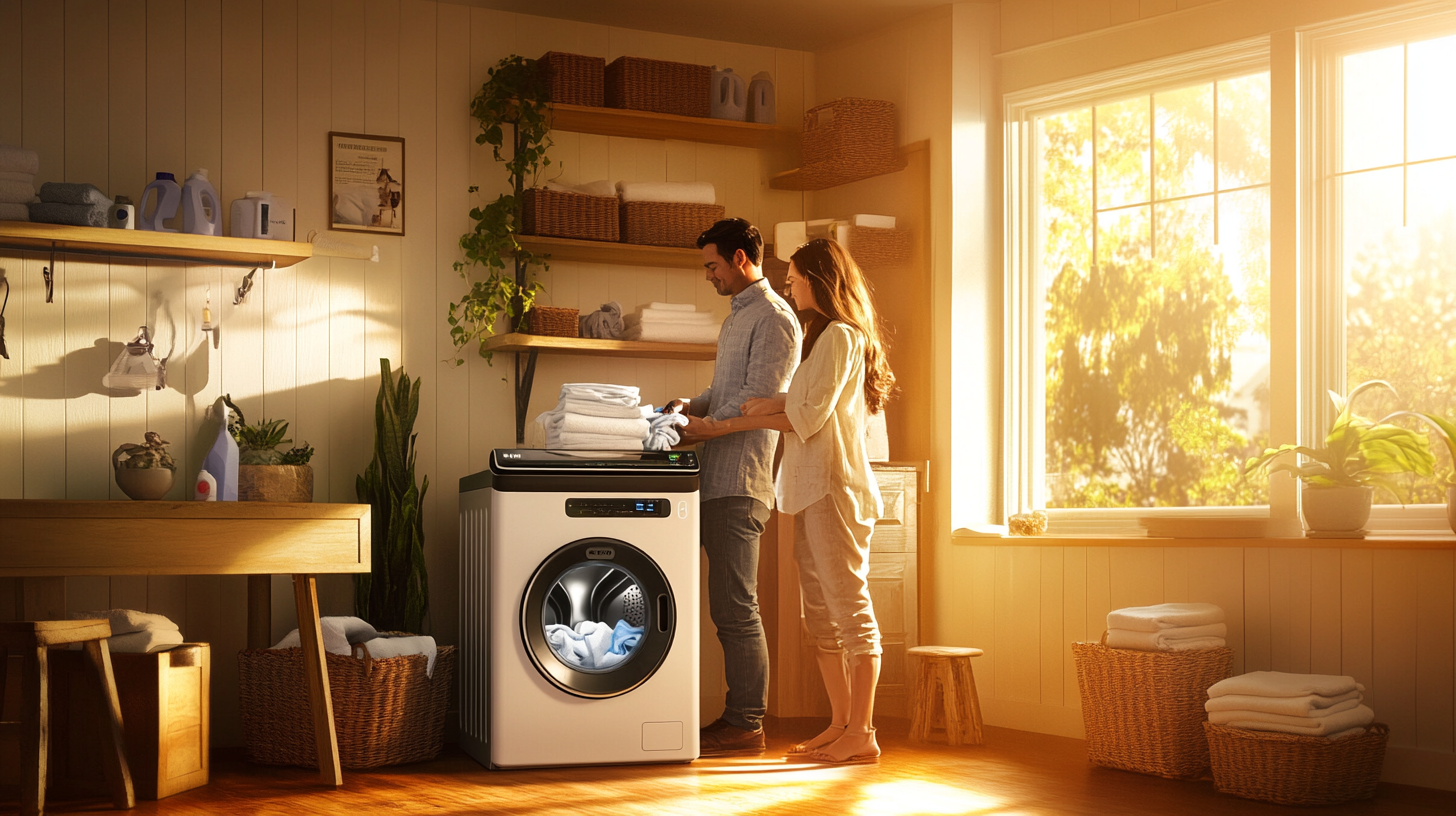 삼성의 최신 워시타워 혁신적 기술을 대표하는 세탁기, 에너지 효율성 및 컴팩트 디자인 강조. 자연광이 비치는 세탁실에서 중년 부부가 세탁하고 있는 장면