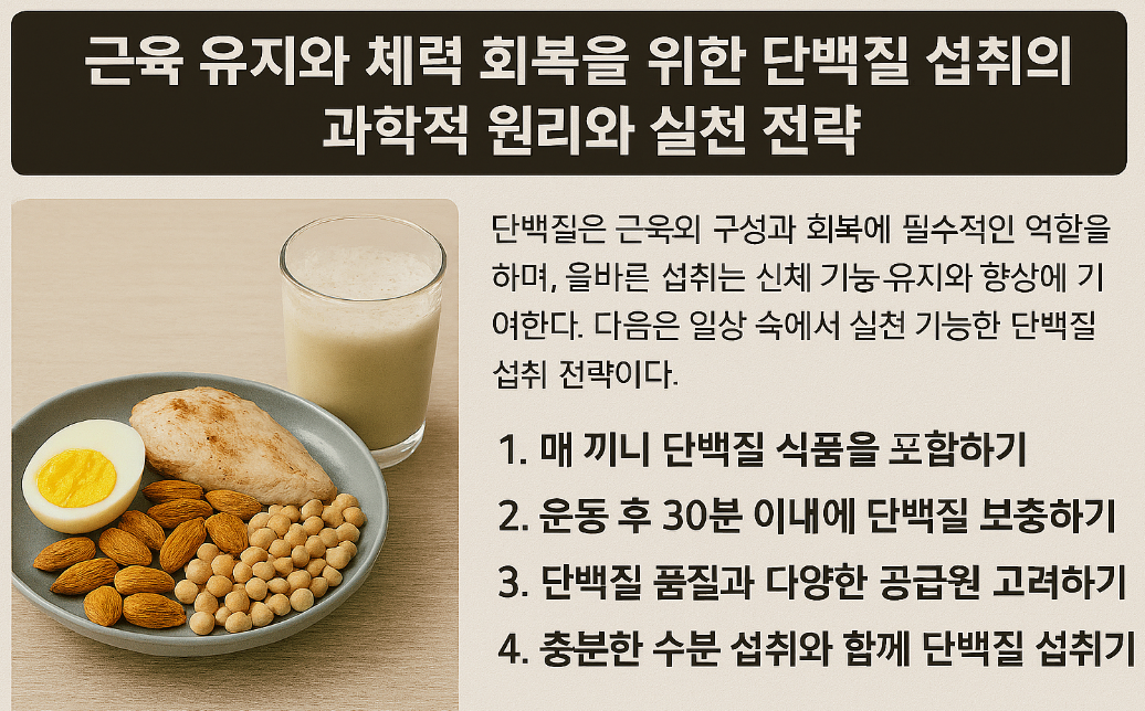 운동 후 단백질 쉐이크, 닭가슴살, 삶은 달걀, 견과류 등이 함께 놓인 장면으로 근육 회복과 체력 유지에 필요한 단백질 섭취를 시각적으로 표현했습니다.