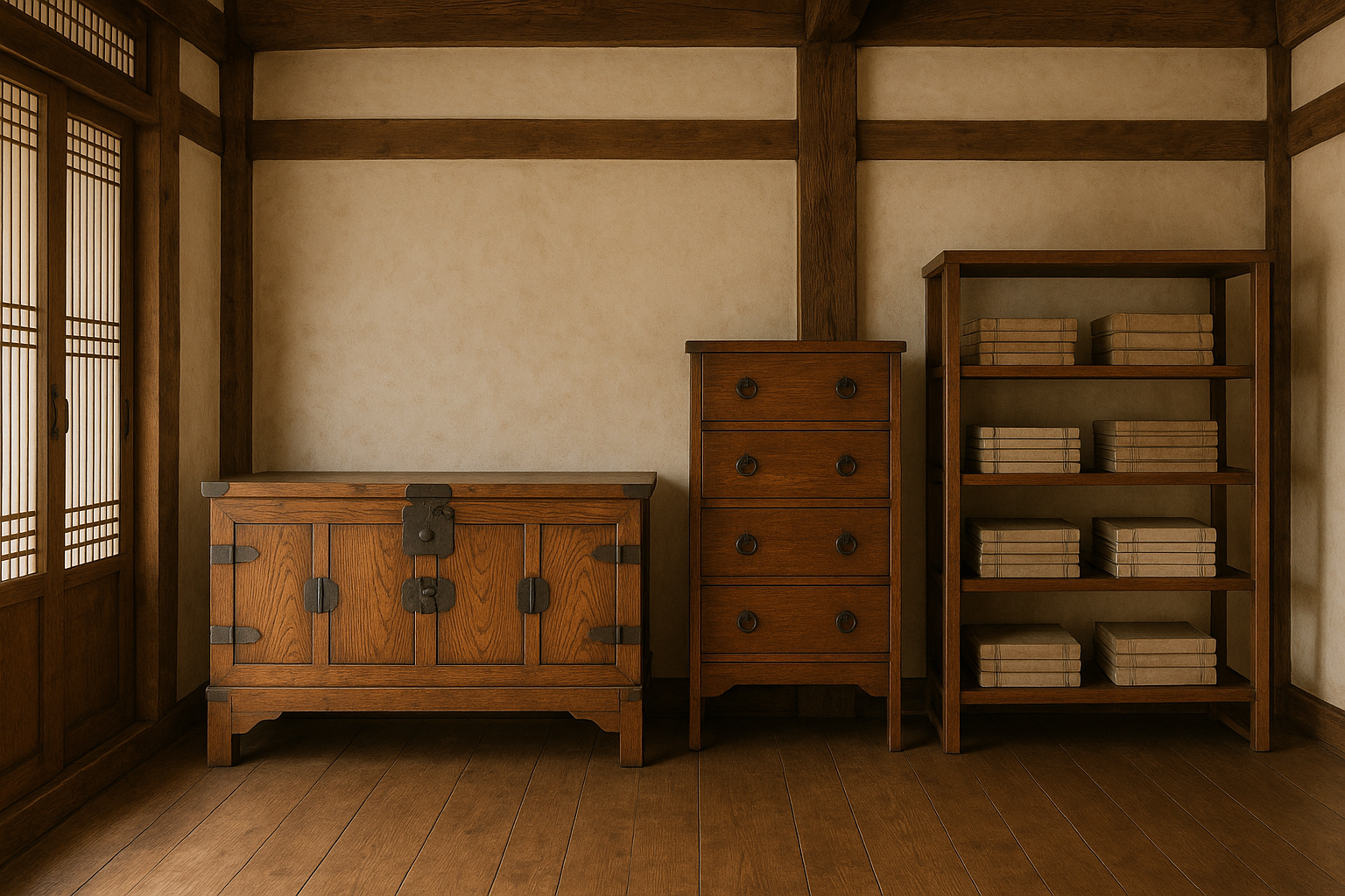 전통 한옥 방 안에 반닫이와 농, 책장이 함께 놓여 있는 장면