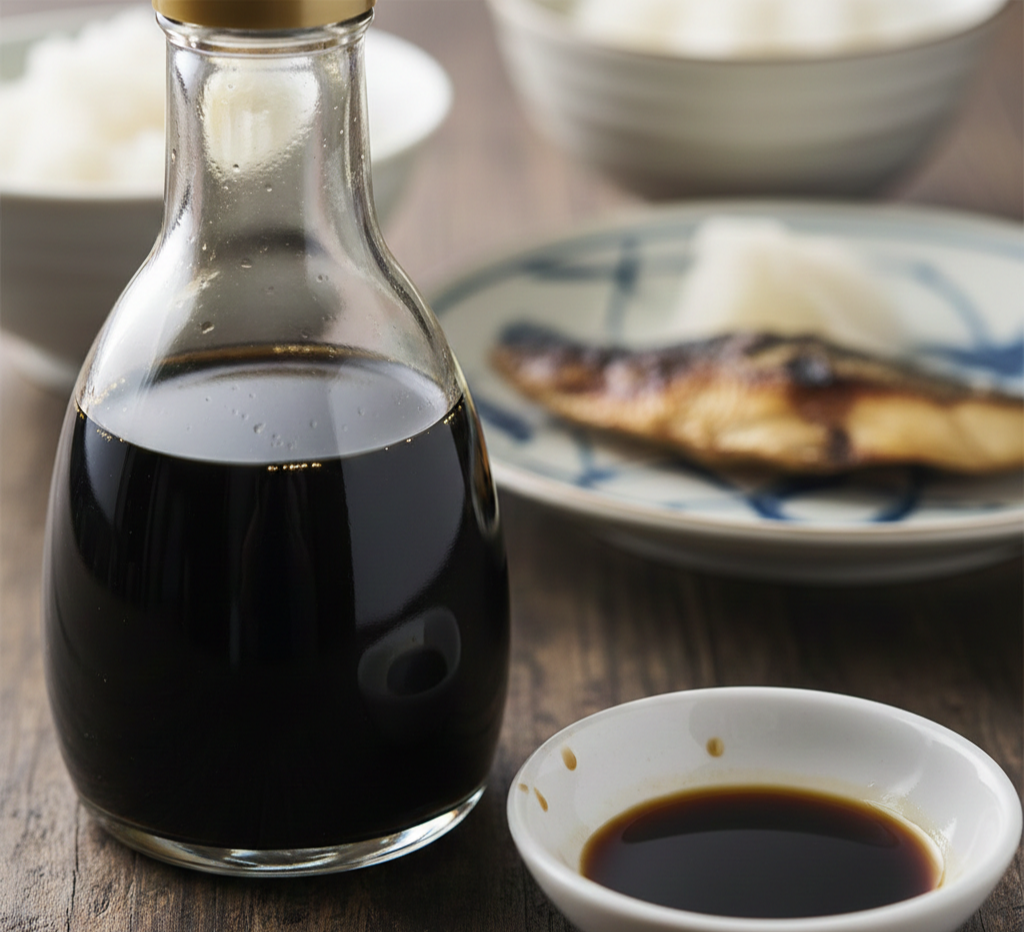 나무 테이블 위에 놓인 투명한 유리병에 담긴 간장과 작은 종지에 담긴 간장, 그리고 배경에 놓인 생선구이와 밥그릇.