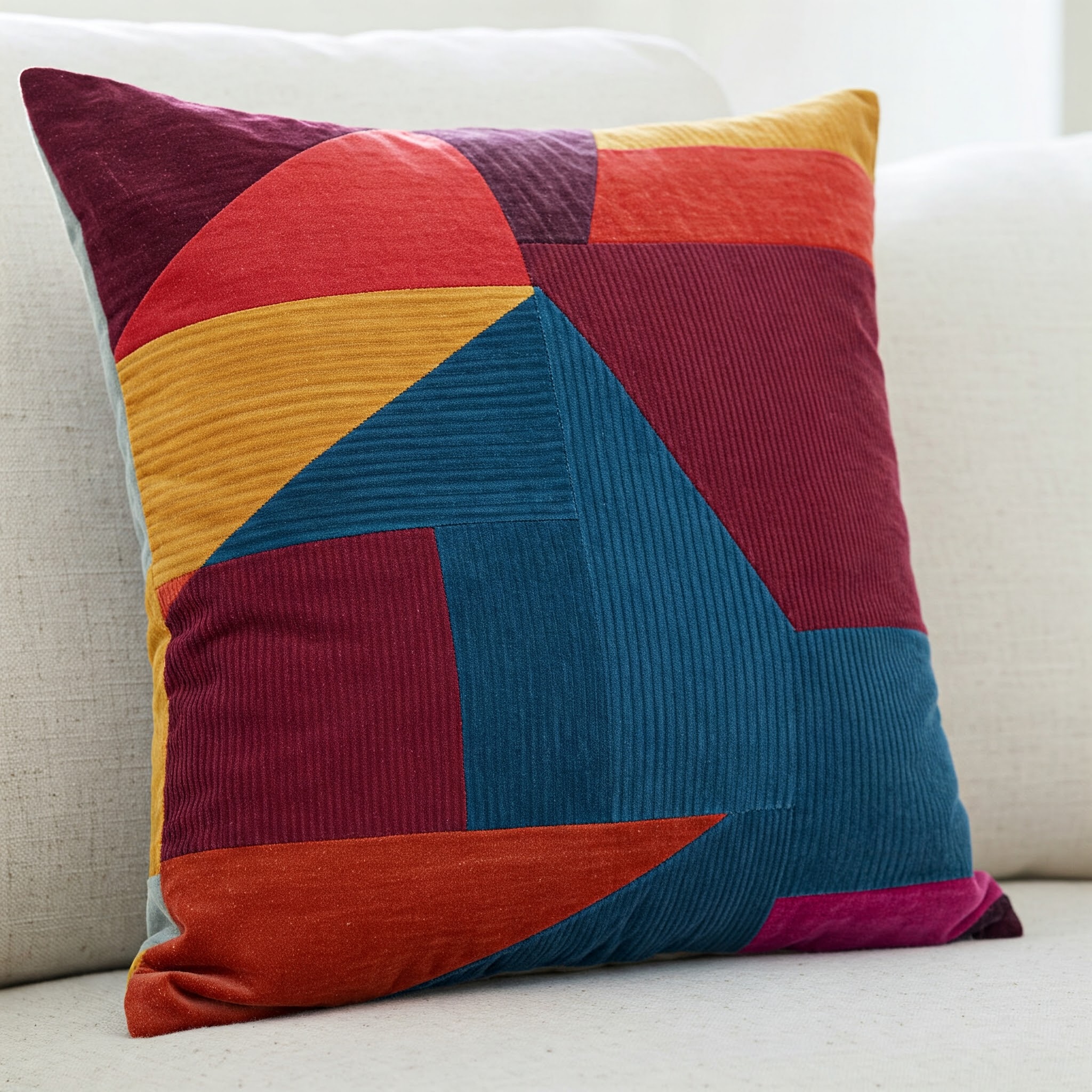 레드, 오렌지, 옐로우, 블루색이 함께 있는 쿠션 1개가 있다.