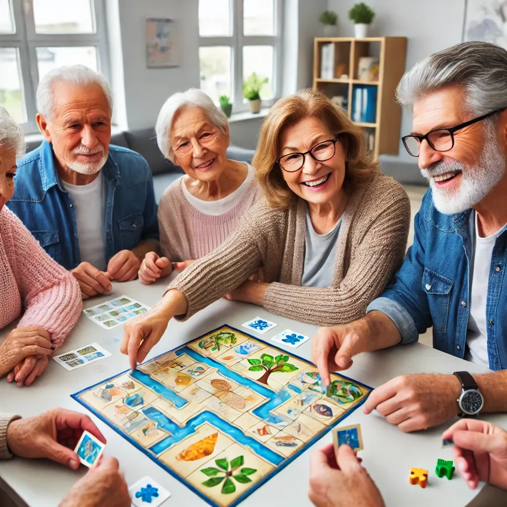 치매 예방을 위해 협동 보드게임을 하는 노인 그룹&amp;#44; 이미지 매칭과 퍼즐을 통해 인지 기능을 자극하며 활발하게 참여하는 모습.