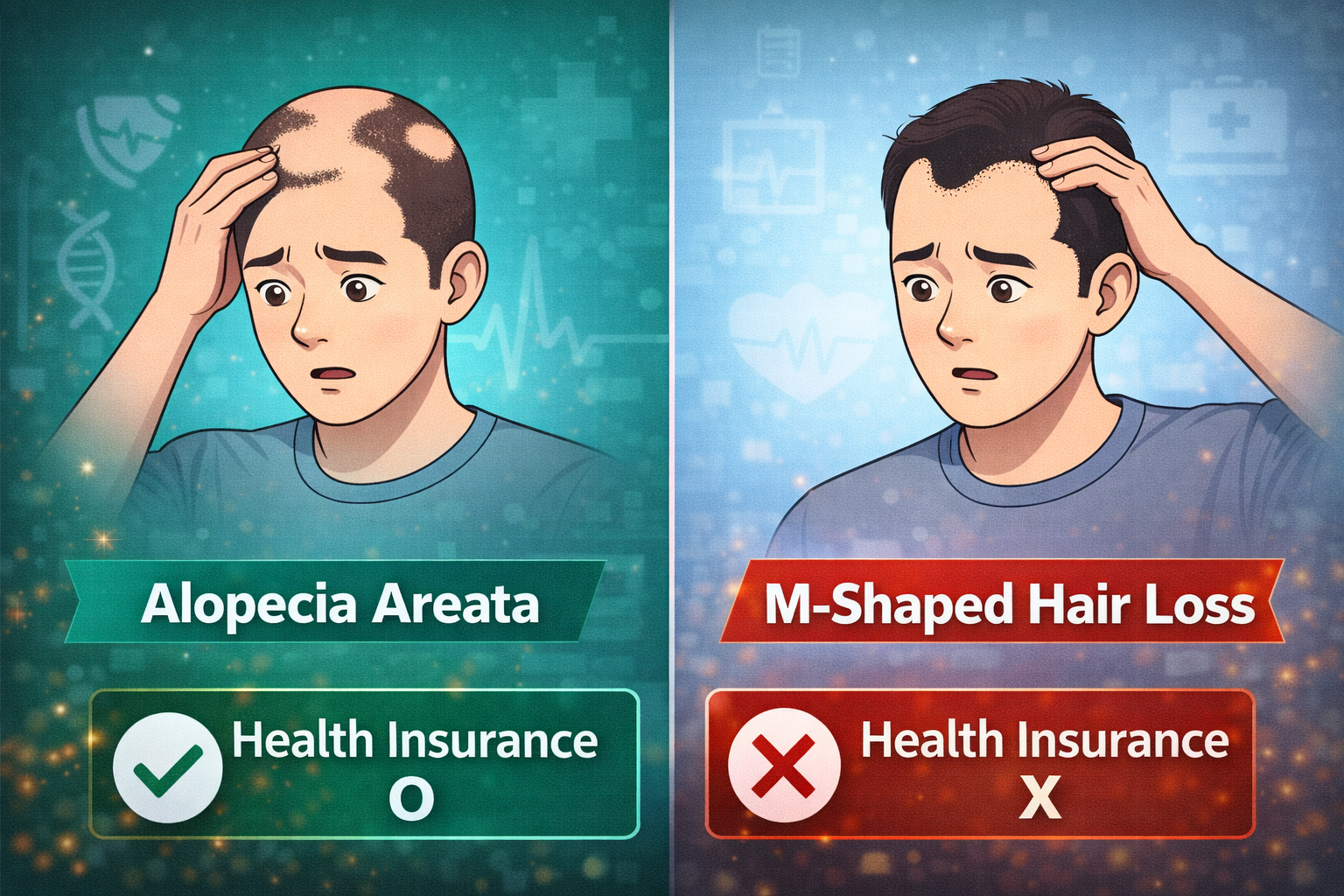 Infographic contrasting an illustration of a patient with alopecia areata marked 'Health Insurance O' and a patient with M-shaped hair loss marked 'Health Insurance X'.