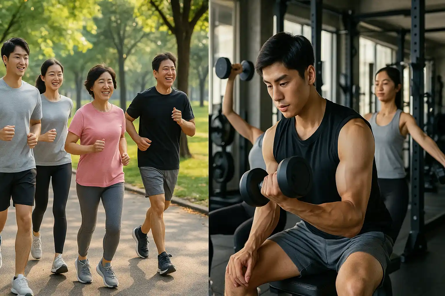 공원에서 가볍게 조깅하는 사람들과 실내에서 근력운동하는 모습