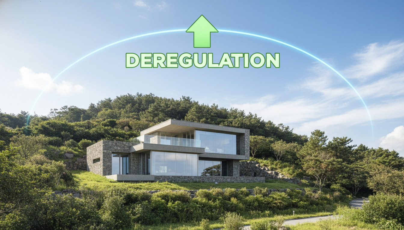 제주도 푸른 언덕 위에 위치한 모던한 전원주택과 국가유산 규제 완화를 상징하는 영문 텍스트 그래픽 이미지