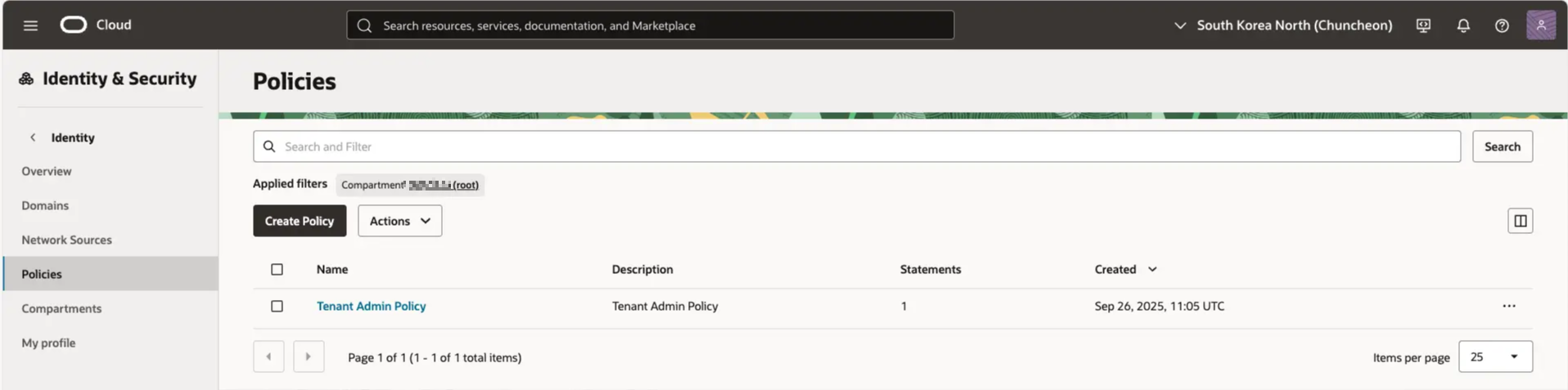 오라클 클라우드 - [ Identity &amp; Security ] - [ Policies ]