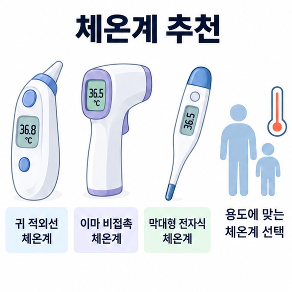 체온계 추천 문구와 귀 체온계 이마 비접촉 체온계 전자식 체온계를 함께 보여주는 대표 인포그래픽