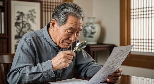 고령 남성이 작은 글씨로 된 서류를 확대경으로 읽는 장면
