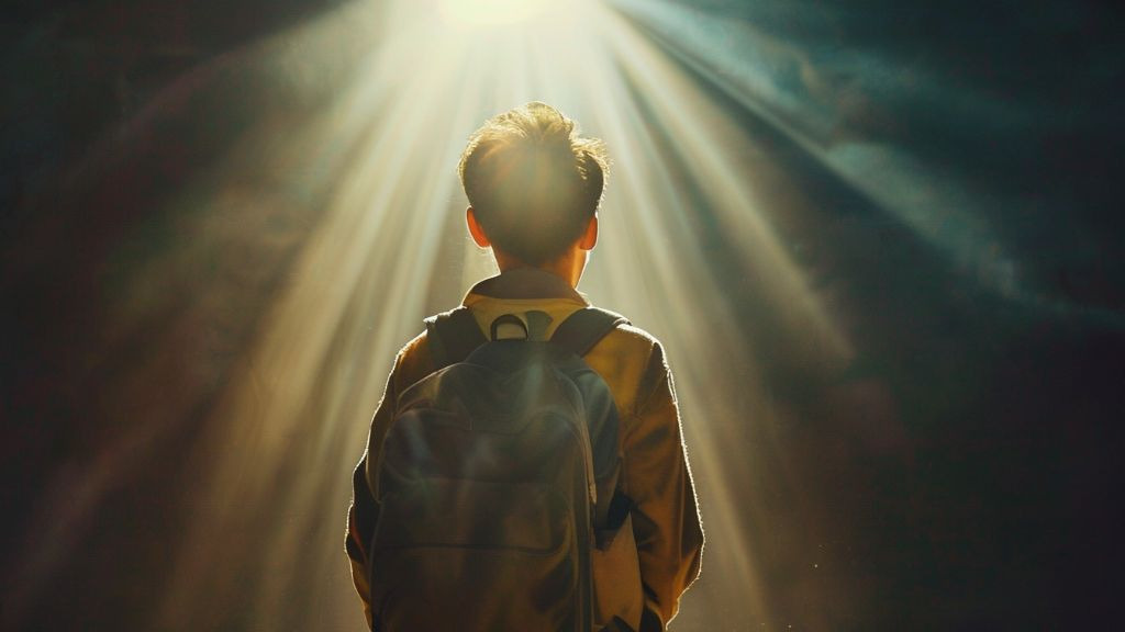 한 학생이 빛을 향해 걸어가는 모습. 꿈과 희망을 상징하는 장면