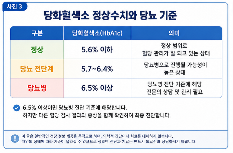 당화혈색소의 정상 기준 및 당뇨 기준을 보여주는 표