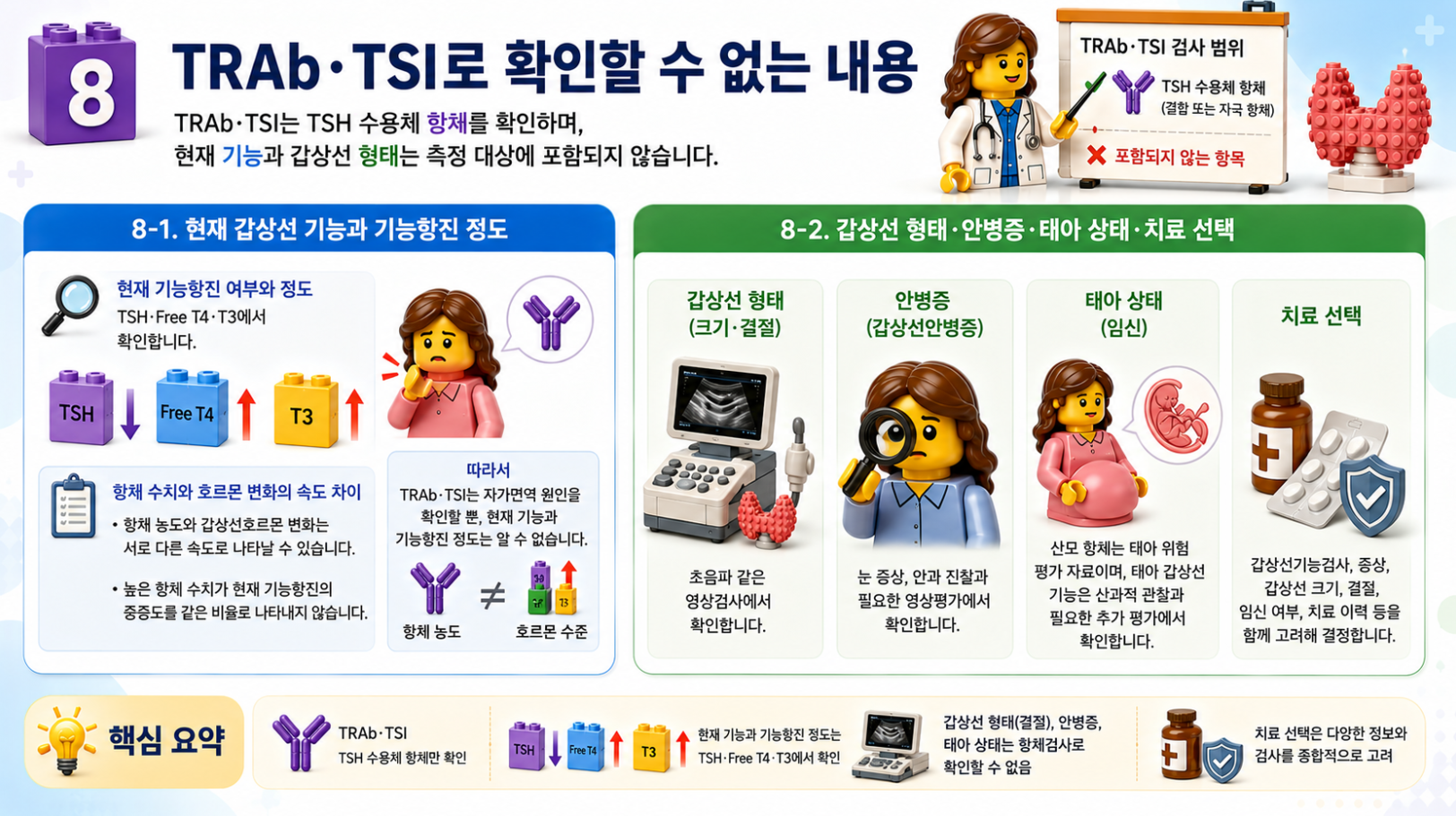 TRAb와 TSI 검사로 확인할 수 없는 내용과 기능검사 및 영상검사의 역할을 설명하는 레고 스타일 메디컬 인포그래픽