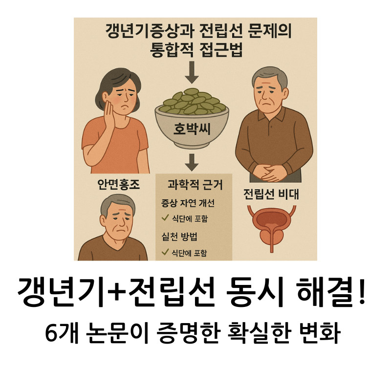 중년의 대표적 건강 고민인 갱년기증상과 전립선 문제의 공통 해결책을 제시하는 종합 가이드. 호박씨효능을 활용한 통합적 접근법으로 갱년기 안면홍조, 전립선 비대 증상을 자연스럽게 개선하는 과학적 근거와 실천 방법을 시각적으로 표현한 인포그래픽.