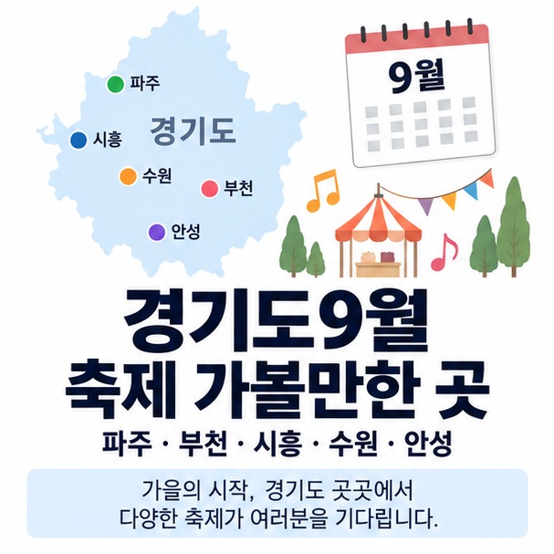 경기도9월 축제 가볼만한 곳과 파주 부천 시흥 수원 안성의 2026년 9월 축제를 달력으로 보여주는 교육용 이미지