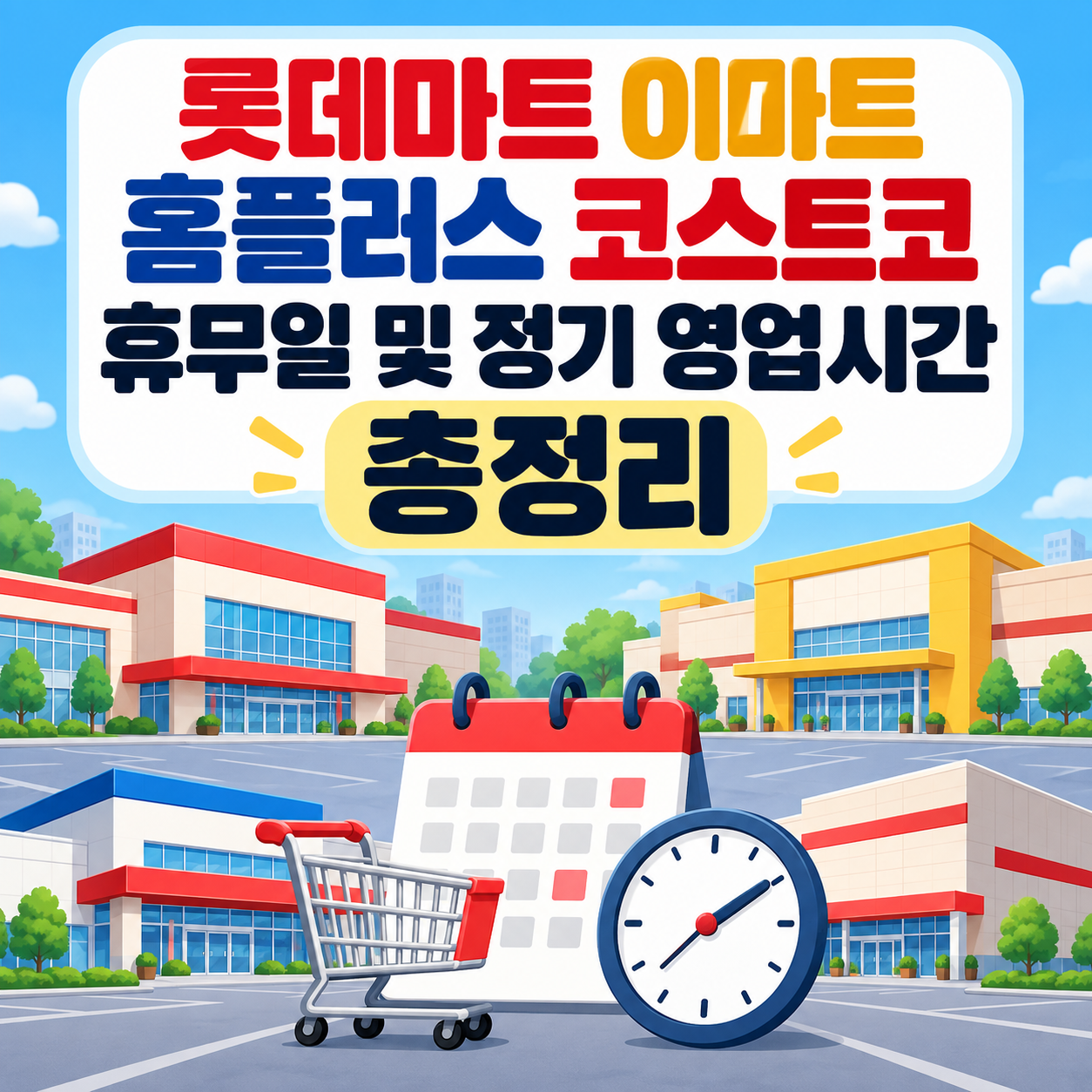 롯데마트 이마트 홈플러스 코스트코 휴무일 및 정기 영업시간을 달력, 시계, 쇼핑카트로 표현한 대형마트 인포그래픽 대표이미지